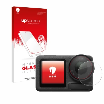 Face avant d’un emballage produit avec le logo de la marque upscreen. À côté, l’appareil DJI Osmo Action 5 Pro (Lentille) est