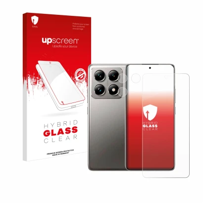 Face avant d’un emballage produit avec le logo de la marque upscreen. À côté, l’appareil Xiaomi 14T (Avant+Caméra) est représe