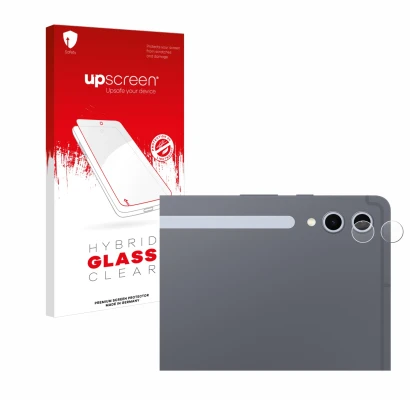 Face avant d’un emballage produit avec le logo de la marque upscreen. À côté, l’appareil Samsung Galaxy Tab S10 Plus 5G (Camér