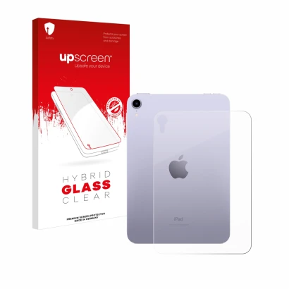 Face avant d’un emballage produit avec le logo de la marque upscreen. À côté, l’appareil Apple iPad Mini 7 2024 (Arrière) est 