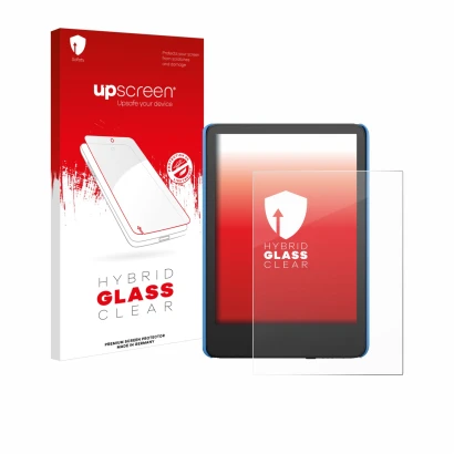 Face avant d’un emballage produit avec le logo de la marque upscreen. À côté, l’appareil Amazon Kindle Kids (2024) est représe