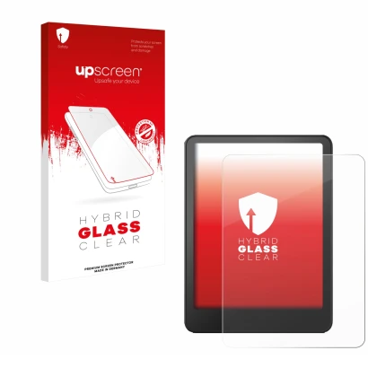 Face avant d’un emballage produit avec le logo de la marque upscreen. À côté, l’appareil Amazon Kindle Paperwhite 2024 (12. Ge