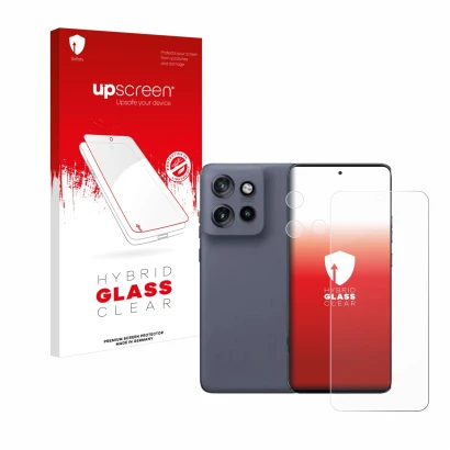Face avant d’un emballage produit avec le logo de la marque upscreen. À côté, l’appareil Motorola Edge 50 Neo (Avant+Caméra) e