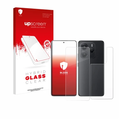 Face avant d’un emballage produit avec le logo de la marque upscreen. À côté, l’appareil Xiaomi Redmi Note 14 (Avant+Arrière) 