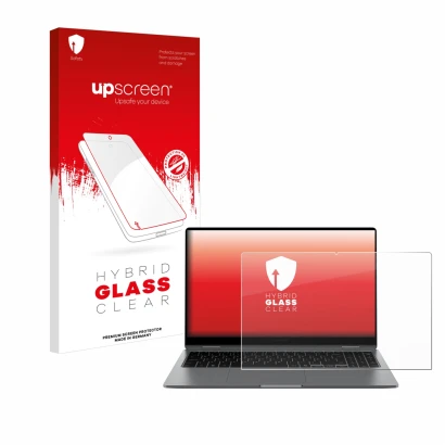 Face avant d’un emballage produit avec le logo de la marque upscreen. À côté, l’appareil Samsung Galaxy Book5 360 15.6" est re