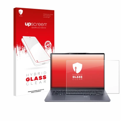 Face avant d’un emballage produit avec le logo de la marque upscreen. À côté, l’appareil Acer Swift Go 14 AI est représenté av