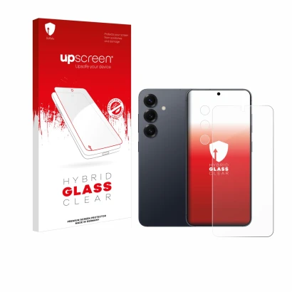 Face avant d’un emballage produit avec le logo de la marque upscreen. À côté, l’appareil Samsung Galaxy S25 (Avant+Caméra) est