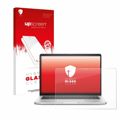 Face avant d’un emballage produit avec le logo de la marque upscreen. À côté, l’appareil Dell Pro 14 Plus 2-in-1 PB14250 est r