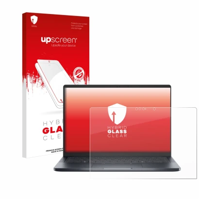 Face avant d’un emballage produit avec le logo de la marque upscreen. À côté, l’appareil Dell Pro 14 Premium PA14250 Touch est