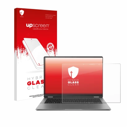 Face avant d’un emballage produit avec le logo de la marque upscreen. À côté, l’appareil ASUS Vivobook 14 Flip TP3407 est repr