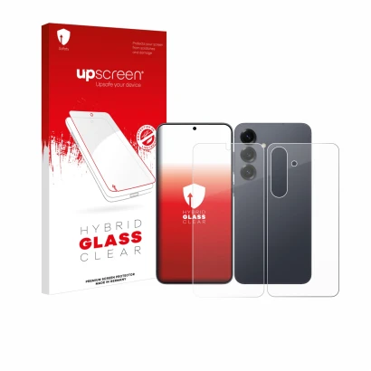 Face avant d’un emballage produit avec le logo de la marque upscreen. À côté, l’appareil Samsung Galaxy S25 (Avant+Arrière) es