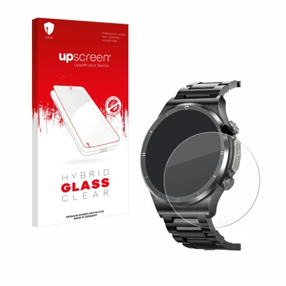 Face avant d’un emballage produit avec le logo de la marque upscreen. À côté, l’appareil Banlvs Smartwatch 1.39" est représent