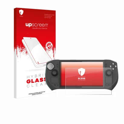 Face avant d’un emballage produit avec le logo de la marque upscreen. À côté, l’appareil Zotac Gaming Zone est représenté avec