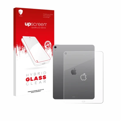 Face avant d’un emballage produit avec le logo de la marque upscreen. À côté, l’appareil Apple iPad Air 13" M3 2025 (Arrière)