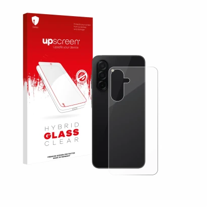Face avant d’un emballage produit avec le logo de la marque upscreen. À côté, l’appareil Samsung Galaxy A26 5G (Arrière) est r