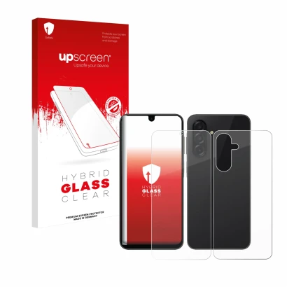 Face avant d’un emballage produit avec le logo de la marque upscreen. À côté, l’appareil Samsung Galaxy A26 5G (Avant+Arrière)