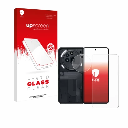 Face avant d’un emballage produit avec le logo de la marque upscreen. À côté, l’appareil Nothing Phone (3a) Pro (Avant+Caméra)