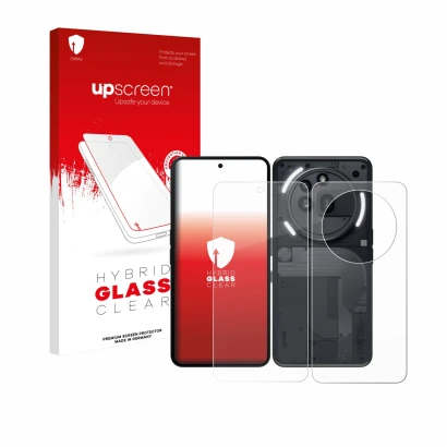 Face avant d’un emballage produit avec le logo de la marque upscreen. À côté, l’appareil Nothing Phone (3a) Pro (Avant+Arrière