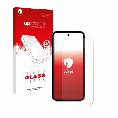Face avant d’un emballage produit avec le logo de la marque upscreen. À côté, l’appareil Google Pixel 9a est représenté avec l