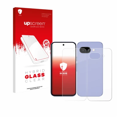 Face avant d’un emballage produit avec le logo de la marque upscreen. À côté, l’appareil Google Pixel 9a (Avant+Arrière) est r