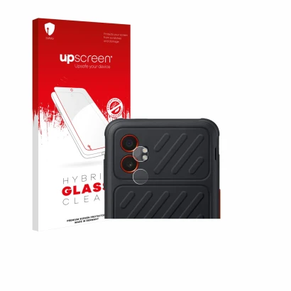 Face avant d’un emballage produit avec le logo de la marque upscreen. À côté, l’appareil Samsung Galaxy XCover 7 Pro (Caméra U