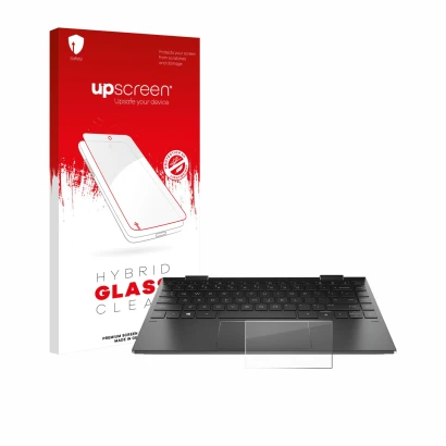 Face avant d’un emballage produit avec le logo de la marque upscreen. À côté, l’appareil HP Envy x360 (13-X) (UNIQUEMENT Touch