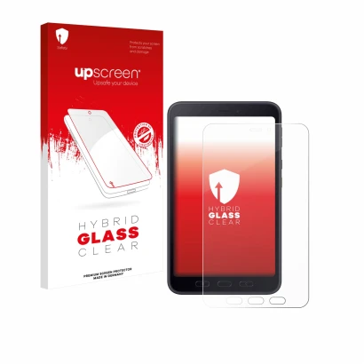 Face avant d’un emballage produit avec le logo de la marque upscreen. À côté, l’appareil Samsung galaxy Tab Active 5 5G Enterp