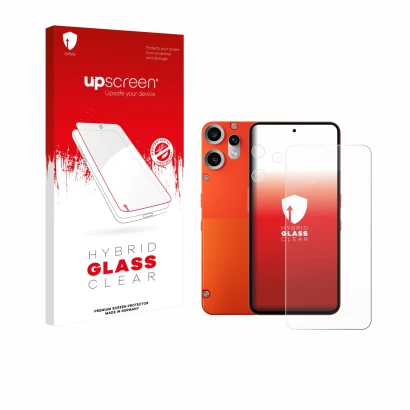 Face avant d’un emballage produit avec le logo de la marque upscreen. À côté, l’appareil Nothing CMF Phone 2 Pro (Avant+Caméra