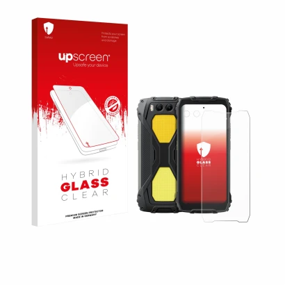 Face avant d’un emballage produit avec le logo de la marque upscreen. À côté, l’appareil Blackview BV7300 (Avant+Caméra) est r