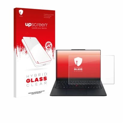 Face avant d’un emballage produit avec le logo de la marque upscreen. À côté, l’appareil Lenovo ThinkPad E14 Gen 7 est représe