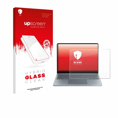 Face avant d’un emballage produit avec le logo de la marque upscreen. À côté, l’appareil Microsoft Surface Laptop 13" est repr