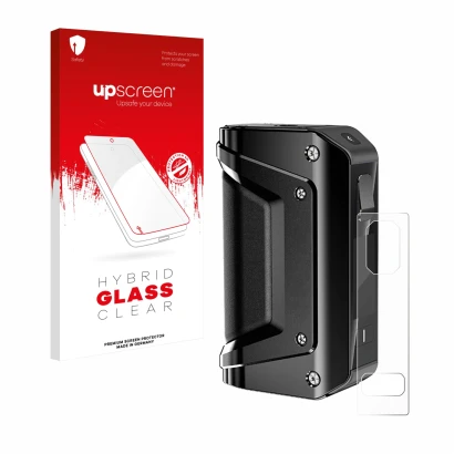 Face avant d’un emballage produit avec le logo de la marque upscreen. À côté, l’appareil GeekVape Aegis Legend 3 est représent