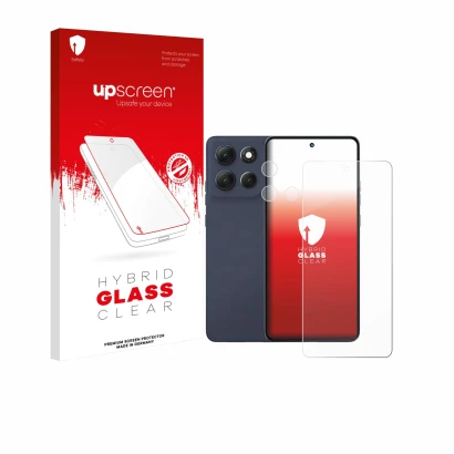 Face avant d’un emballage produit avec le logo de la marque upscreen. À côté, l’appareil Motorola Moto G86 (Avant+Caméra) est 