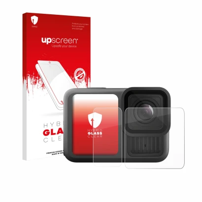 Face avant d’un emballage produit avec le logo de la marque upscreen. À côté, l’appareil GoPro Hero 13 Black Ultra Wide Editio