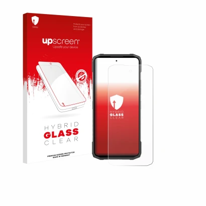 Face avant d’un emballage produit avec le logo de la marque upscreen. À côté, l’appareil Doogee Blade 20 est représenté avec l