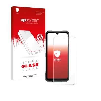 Face avant d’un emballage produit avec le logo de la marque upscreen. À côté, l’appareil Doogee Blade GT Play est représenté a