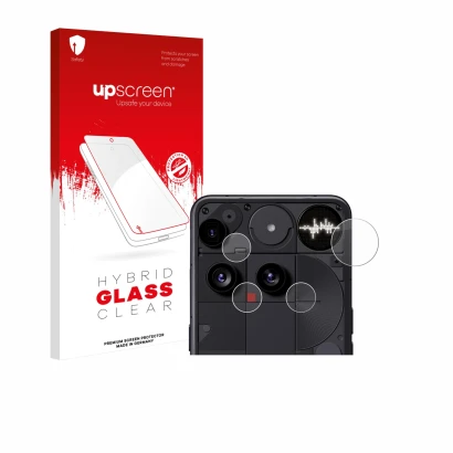 Face avant d’un emballage produit avec le logo de la marque upscreen. À côté, l’appareil Nothing Phone (3) (Caméra UNIQUEMENT)