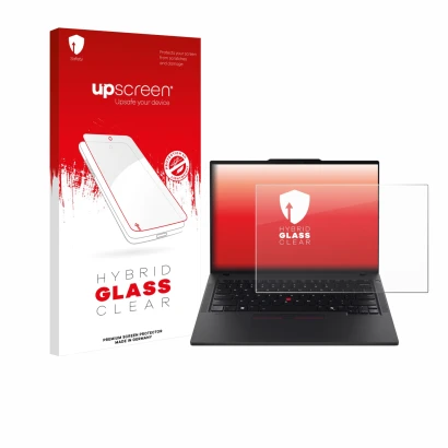 Face avant d’un emballage produit avec le logo de la marque upscreen. À côté, l’appareil Lenovo ThinkPad T14 Gen 6 est représe