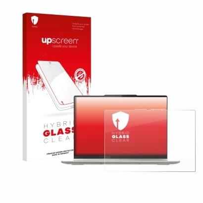 Face avant d’un emballage produit avec le logo de la marque upscreen. À côté, l’appareil Lenovo Yoga 7 2-in-1 Gen 10 14