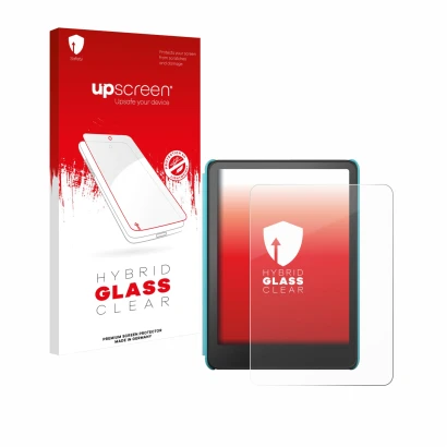 Face avant d’un emballage produit avec le logo de la marque upscreen. À côté, l’appareil Amazon Kindle Colorsoft Kids est repr
