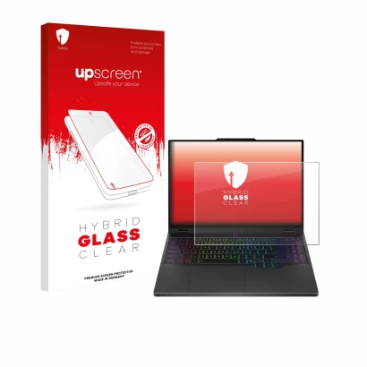 Face avant d’un emballage produit avec le logo de la marque upscreen. À côté, l’appareil Lenovo Legion 5 15IRX10 83LY est repr