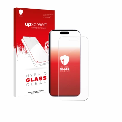 Face avant d’un emballage produit avec le logo de la marque upscreen. À côté, l’appareil Apple iPhone 17 est représenté avec l