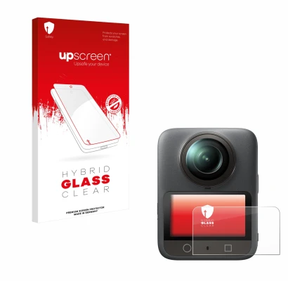 Face avant d’un emballage produit avec le logo de la marque upscreen. À côté, l’appareil DJI Osmo 360 est représenté avec la p