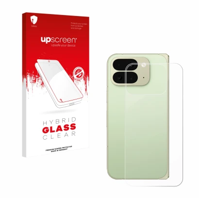 Face avant d’un emballage produit avec le logo de la marque upscreen. À côté, l’appareil Google Pixel 10 Pro Fold (Arrière) es