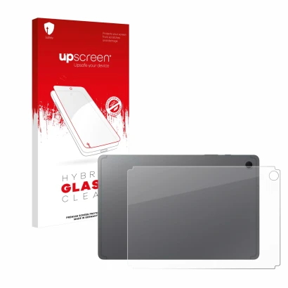 Face avant d’un emballage produit avec le logo de la marque upscreen. À côté, l’appareil Samsung Galaxy Tab S10 Lite (Arrière)