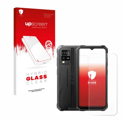 Face avant d’un emballage produit avec le logo de la marque upscreen. À côté, l’appareil Blackview BV4800 SE (Avant+Caméra) es