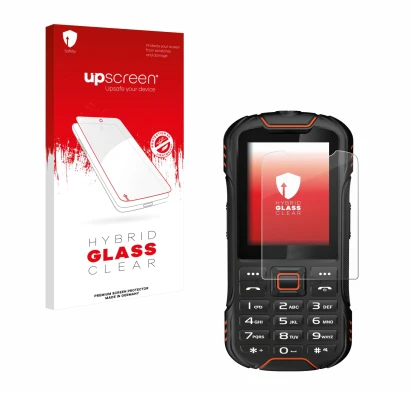 Face avant d’un emballage produit avec le logo de la marque upscreen. À côté, l’appareil Gigaset GLX8 est représenté avec la p