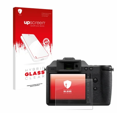 Face avant d’un emballage produit avec le logo de la marque upscreen. À côté, l’appareil Hasselblad X2D II 100C est représenté
