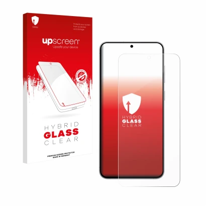 Face avant d’un emballage produit avec le logo de la marque upscreen. À côté, l’appareil Samsung Galaxy S25 FE est représenté