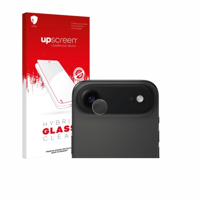 Face avant d’un emballage produit avec le logo de la marque upscreen. À côté, l’appareil Apple iPhone Air (Caméra UNIQUEMENT)